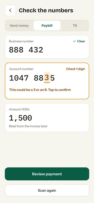 The check screen with one unsure digit highlighted