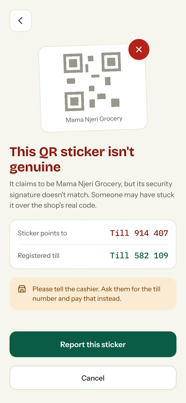 A warning that a QR sticker is not genuine