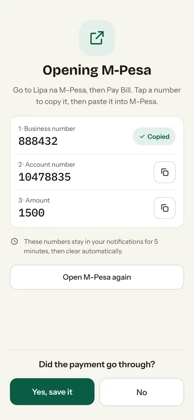The hand-off screen with copy buttons for each number