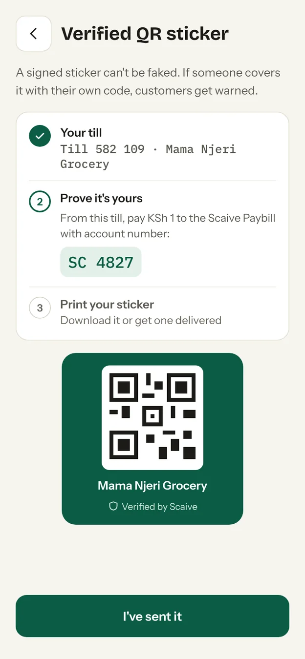 The verified QR sticker screen in the Scaive app