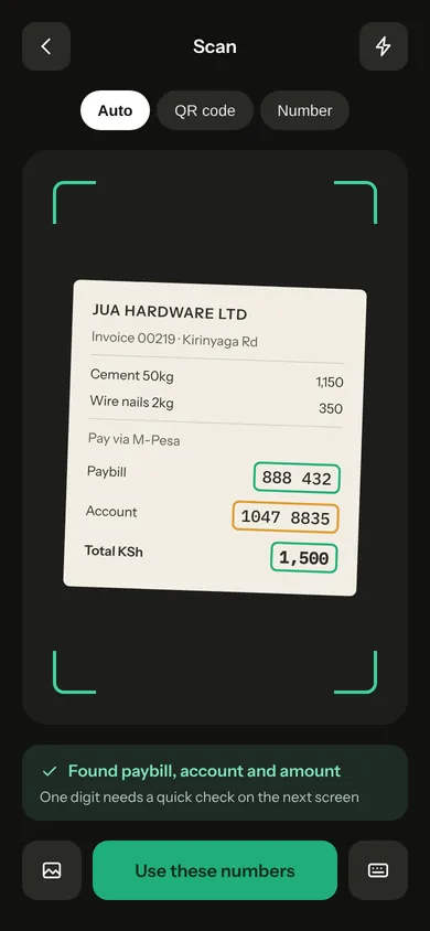 The Scaive camera reading a paybill, account number and total from a receipt